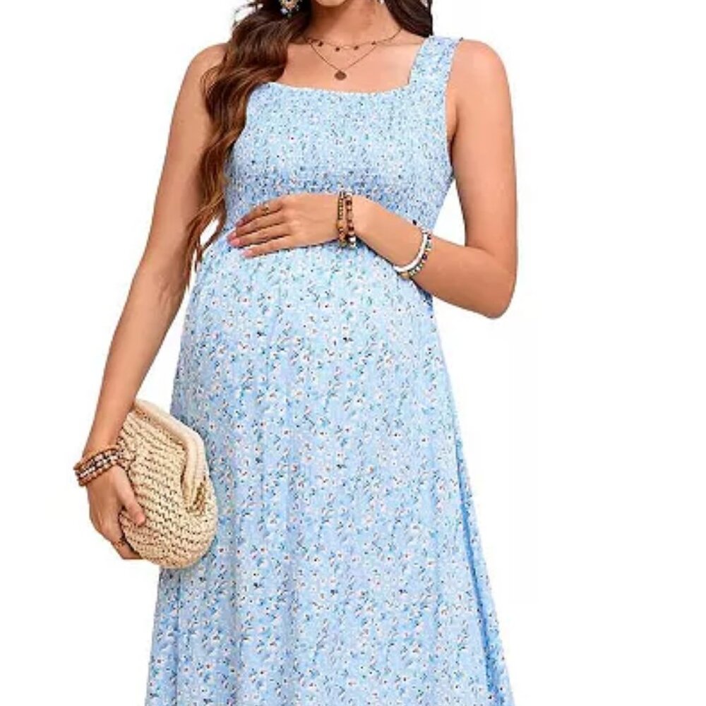 Women's Maternity Boho Spaghetti Strap Square Neck Dress Floral Ruffle Nursing